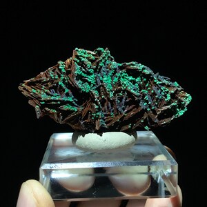 Puede incluir: Espécimen mineral con formaciones marrones y estratificadas, con toques de verde brillante. El mineral se exhibe sobre un soporte rectangular transparente. El fondo oscuro realza los colores.