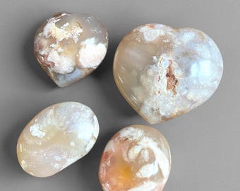 Flower Agate Hearts and Palm Stones