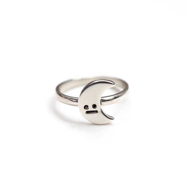 Moon Ring / Recycled Sterling Silver / Crescent Moon / Black Diamond Eyes / RockCakes