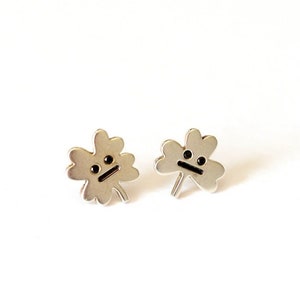 Clover Leaf Ear Studs / Lucky Clover / Recycled Sterling Silver / Black Diamond / Good Luck Gift / Everyday Earrings / Mismatch Studs image 1