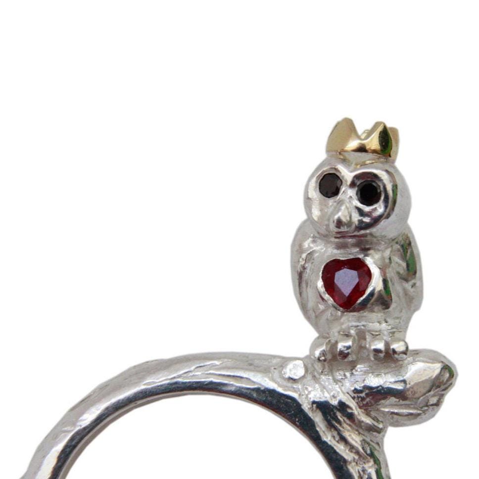 Handmade Sterling Silver Owl Ring: Black Diamond Eyes, Ruby Heart, Gold Crown