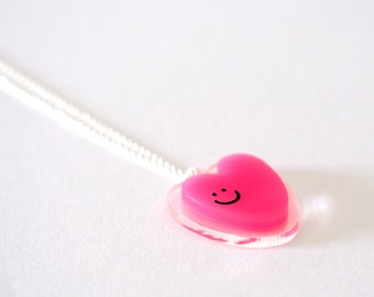 Happy Heart Pendant / Laser Cut Acrylic Pendant / Neon Pink Heart Necklace / Gift for Bestie / RockCakes