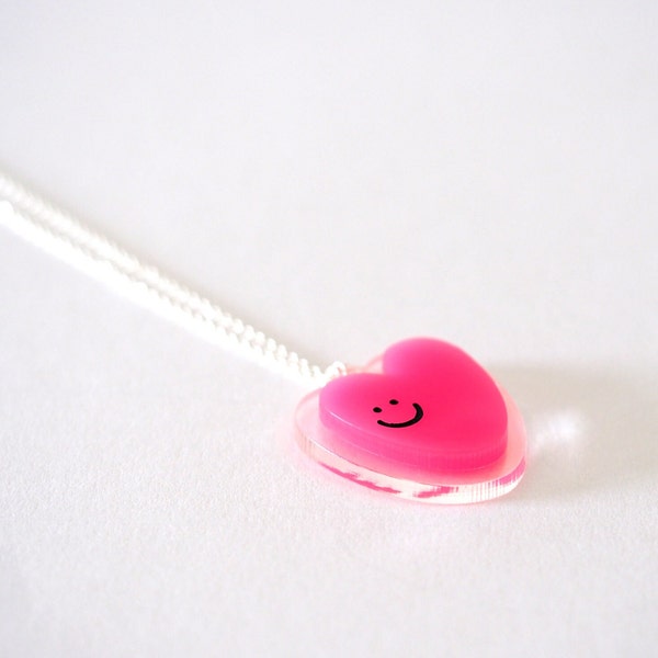 Happy Heart Pendant / Laser Cut Acrylic Pendant / Neon Pink Heart Necklace / Gift for Bestie / RockCakes