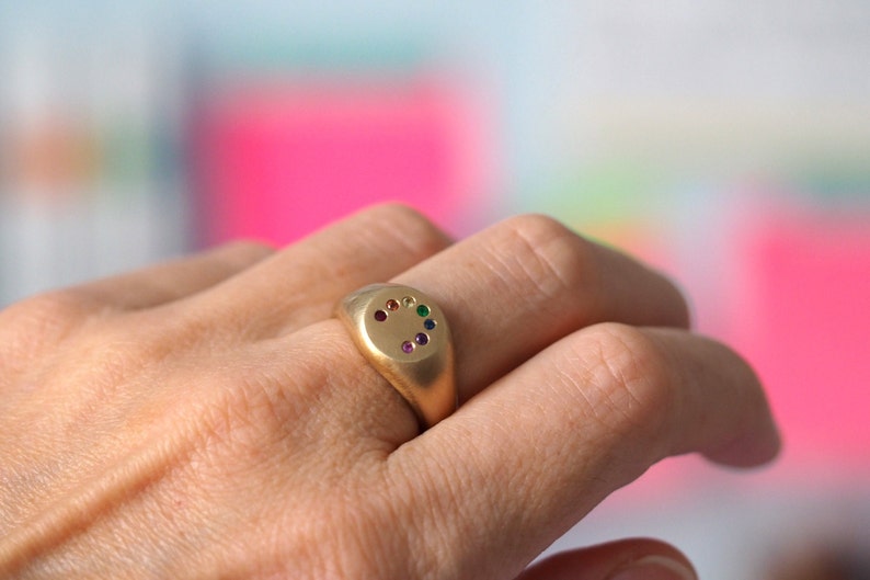 Rainbow Signet Ring in Gold, Sapphires, Emerald and Ruby image 2