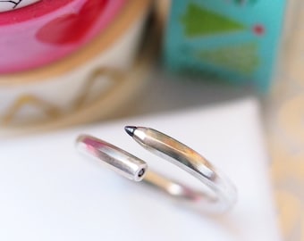 Pencil Ring / Black Diamond / Recycled Sterling Silver / Everyday Ring / Gift for Writer / Drawing Gift / Illustrator Gift / Forever Ring