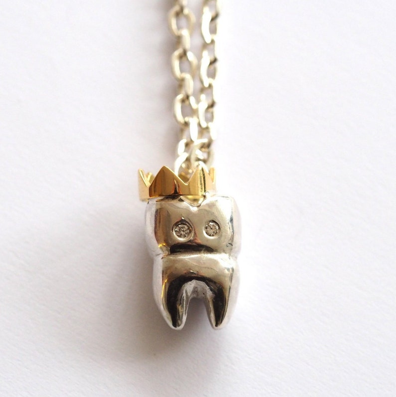 Tooth Necklace / Recycled Sterling Silver / Tooth Pendant / HipHop Necklace / Gold Tooth / Diamond Tooth / Crowned Tooth / RockCakes image 1