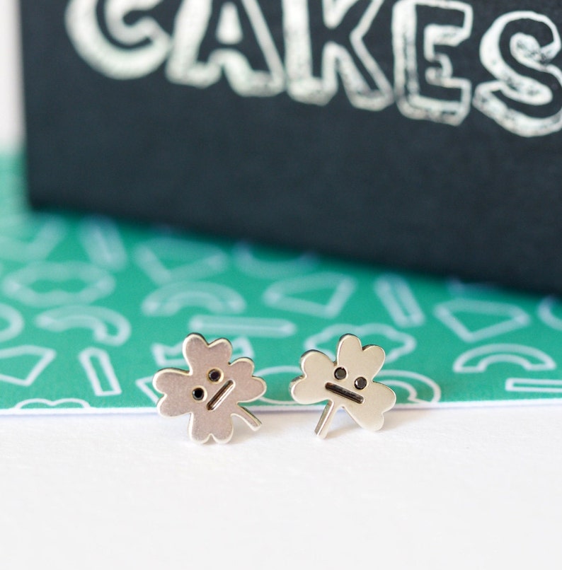 Clover Leaf Ear Studs / Lucky Clover / Recycled Sterling Silver / Black Diamond / Good Luck Gift / Everyday Earrings / Mismatch Studs image 4