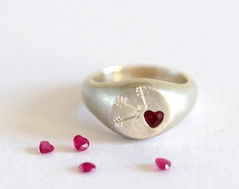 Ruby Heart Signet Ring / Handmade Ruby Ring / Faceted Ruby Heart / Silver Ruby Ring / Signet Ring / RockCakes