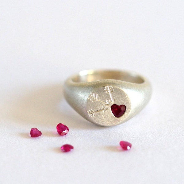 Ruby Heart Signet Ring / Handmade Ruby Ring / Faceted Ruby Heart / Silver Ruby Ring / Signet Ring / RockCakes