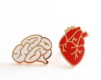 Heart & Brain Enamel Pin Badges / Gift For Lovers / Girlfriend Gift / Boyfriend Gift / Conscious Love Token /  Anatomical Heart