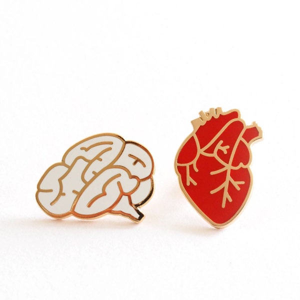 Heart & Brain Enamel Pin Badges / Gift For Lovers / Girlfriend Gift / Boyfriend Gift / Conscious Love Token /  Anatomical Heart