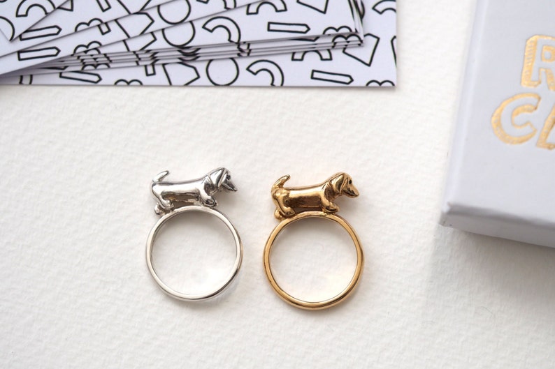 Sausage Dog Ring 9ct Gold With Black Diamond Eyes Etsy