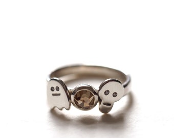 Skull & Ghost Solitaire Ring / Recycled Sterling Silver / Natural Rose Cut Diamond / Engagement Ring / Unique Diamond Ring / RockCakes