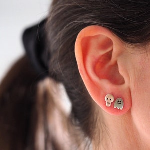 Ghost and Skull Earrings / Recycled Sterling Silver / Mismatch Earrings / Gift for Her / Silver Earrings / Handmade Earrings / Black Diamond 画像 9