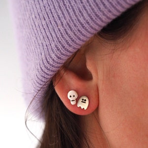 Ghost and Skull Earrings / Recycled Sterling Silver / Mismatch Earrings / Gift for Her / Silver Earrings / Handmade Earrings / Black Diamond 画像 6