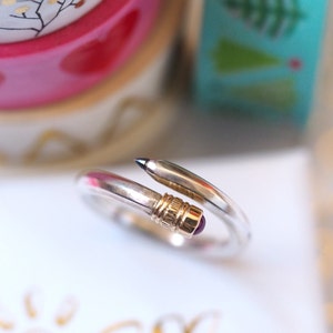 Pencil Ring / Recycled Sterling Silver / Recycled 9ct Yellow Gold / Ruby Cabochon Rubber / Handmade in Brighton / Ruby Ring / RockCakes