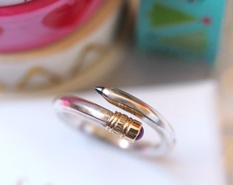 Pencil Ring handmade in Recycled Sterling Silver, Gold and Ruby.
