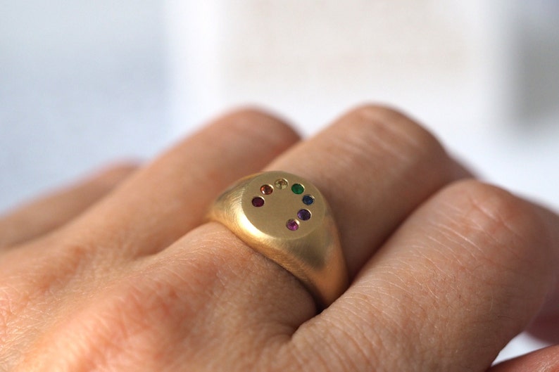 Rainbow Signet Ring in Gold, Sapphires, Emerald and Ruby image 9