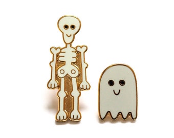Skeleton and Ghost Pin Badges / Enamel Pins / Ghost Brooch / Skeleton Brooch/ Halloween Pins / RockCakes