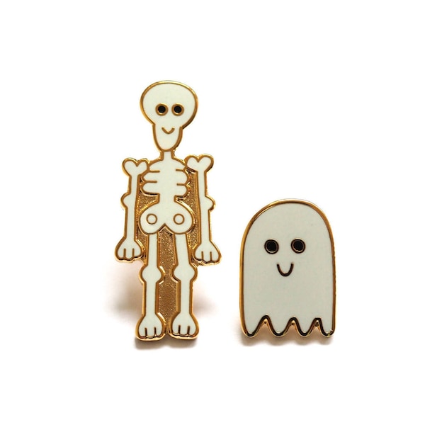 Skeleton and Ghost Pin Badges / Enamel Pins / Ghost Brooch / Skeleton Brooch/ Halloween Pins / RockCakes