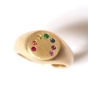 Rainbow Signet Ring in Gold, Sapphires, Emerald and Ruby