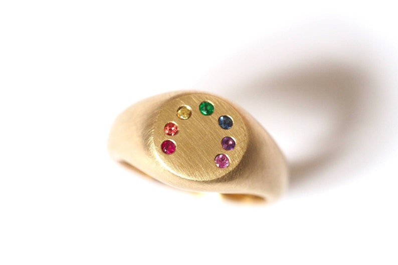 Rainbow Signet Ring in Gold, Sapphires, Emerald and Ruby image 1