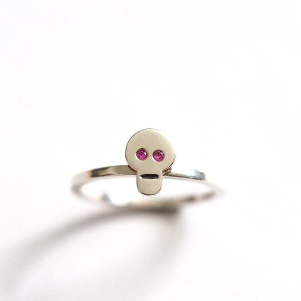 Dinky Skull Ring / Recycled Sterling Silver / Black Diamond / Pink Sapphire / Emerald Eyes / Stacking Ring / Precious Ring / RockCakes