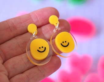 Happy Blobs / Smiley Earrings / Laser Cut Acrylic Danglers / Happy Earrings / Happy Statement Drop Ear Studs / Summer Jewellery / RockCakes