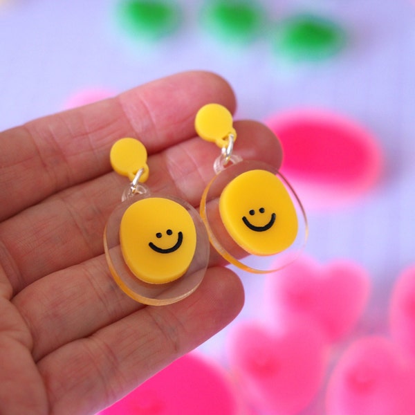 Happy Blobs / Smile Earrings / Laser Cut Acrylic Danglers / Happy Earrings / Happy Statement Drop Ear Studs / Summer Jewellery / RockCakes