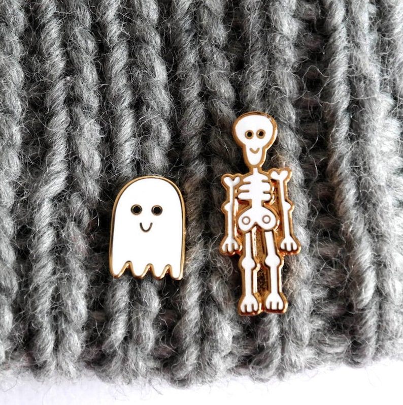 Skeleton and Ghost Pin Badges / Enamel Pins / Ghost Brooch / Skeleton Brooch/ Halloween Pins / RockCakes image 3