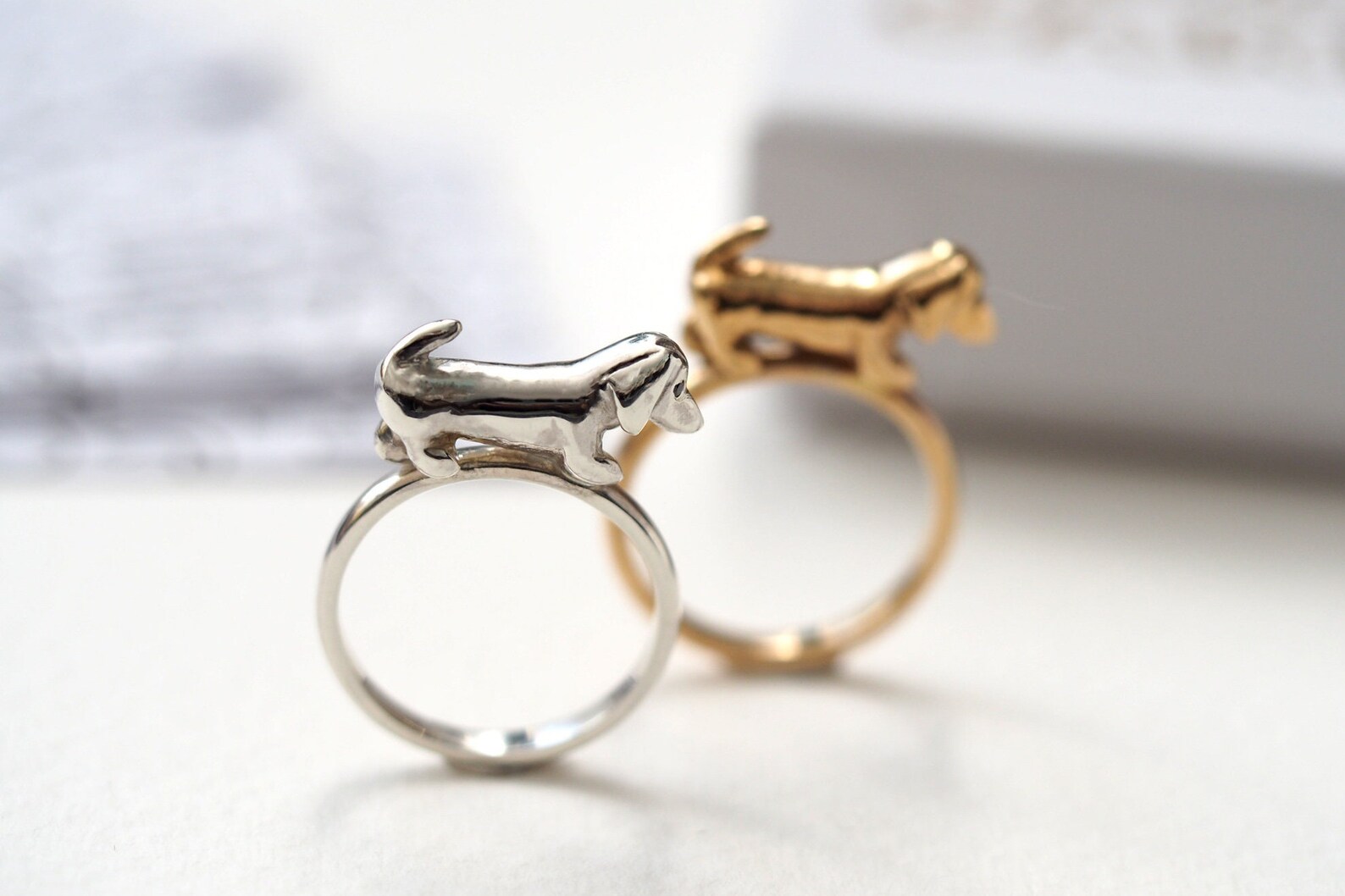 Sausage Dog Ring 9ct Gold With Black Diamond Eyes Etsy