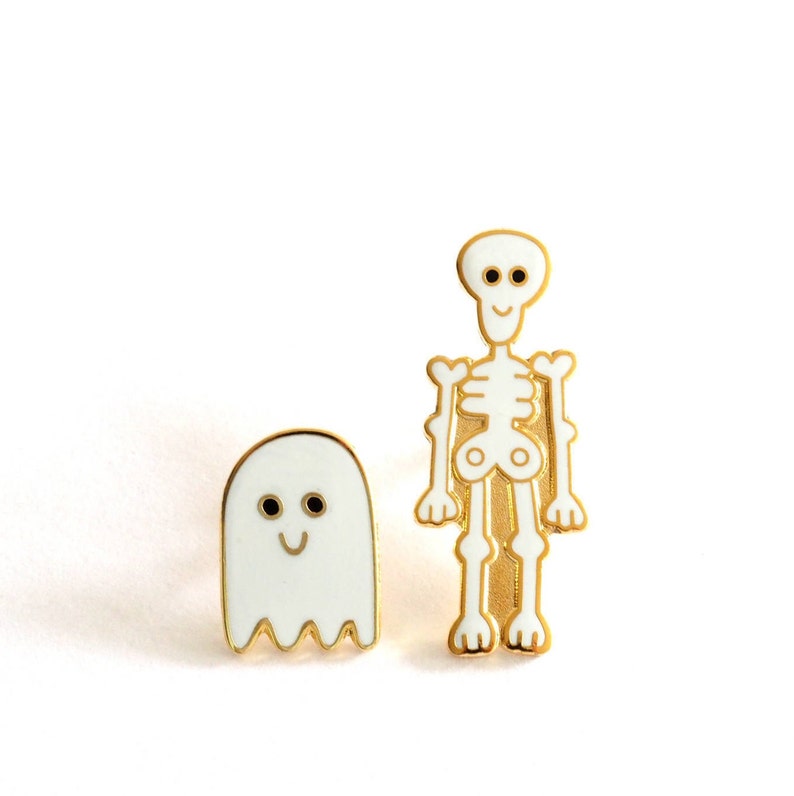 Skeleton and Ghost Pin Badges / Enamel Pins / Ghost Brooch / Skeleton Brooch/ Halloween Pins / RockCakes image 4