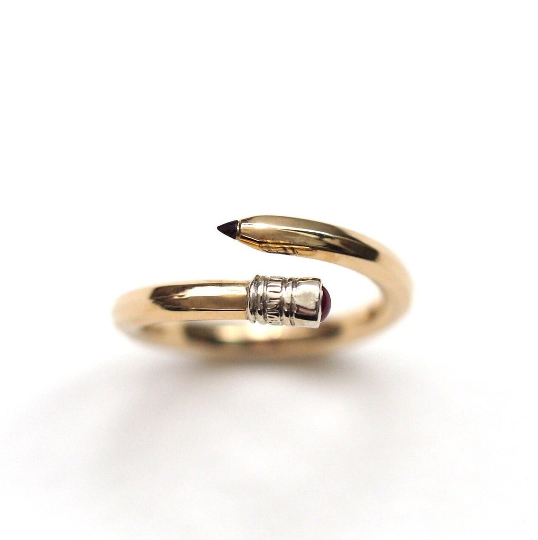 Pencil Ring / Recycled 9ct Gold / Ruby Rubber / Handmade Pencil Ring ...