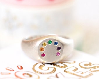 Rainbow Signet Ring / Sterling Silver Signet Ring / Precious Gemstone Ring / Bespoke Signet Ring / Gift For Her / Fine Jewellery / RockCakes