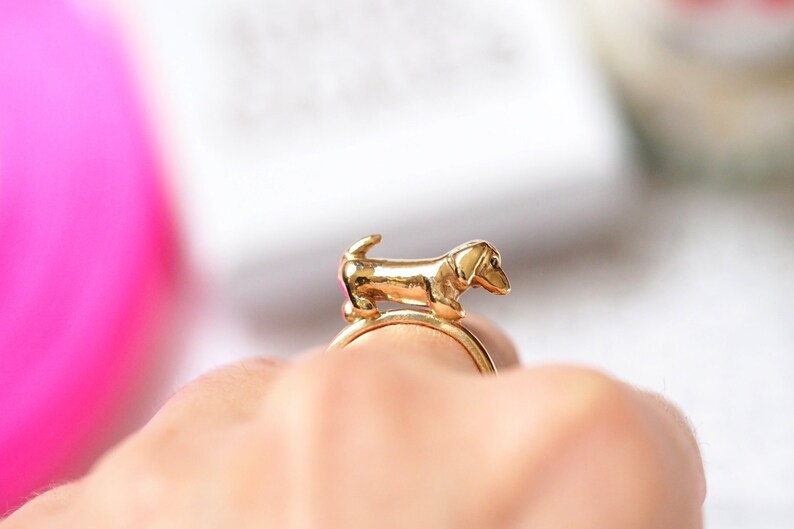 Sausage Dog Ring 9ct Gold With Black Diamond Eyes Etsy