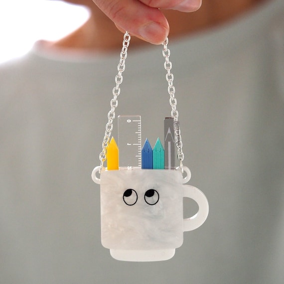 Kawaii Pen Pot Necklace: Laser Cut Acrylic Stationery Mug Pendant