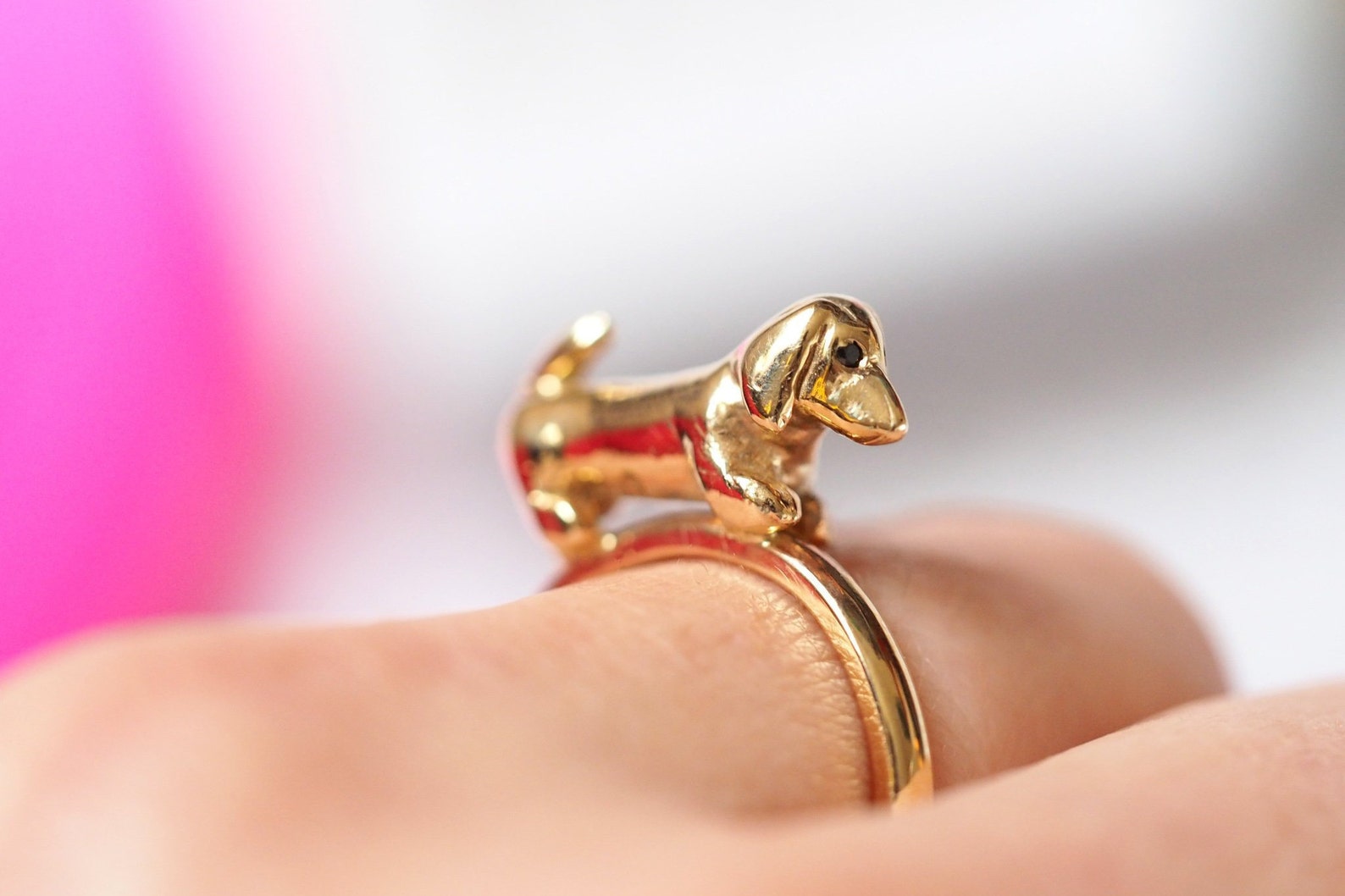 Sausage Dog Ring 9ct Gold With Black Diamond Eyes Etsy