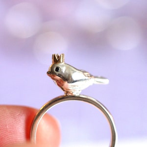 Bird King Ring / Eco Silver / Handmade Bird Ring in Recycled Silver / 9ct Yellow Gold Crown / Black Diamond Eyes / RockCakes