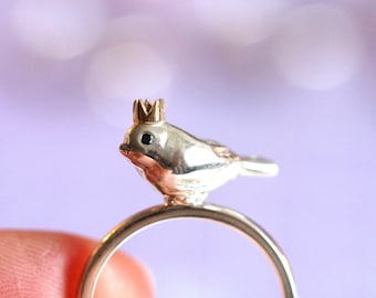 Bird King Ring / Eco Silver / Handmade Bird Ring in Recycled Silver / 9ct Yellow Gold Crown / Black Diamond Eyes / RockCakes