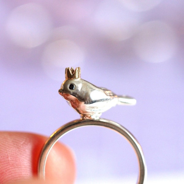 Bird King Ring / Eco Silver / Handmade Bird Ring in Recycled Silver / 9ct Yellow Gold Crown / Black Diamond Eyes / RockCakes