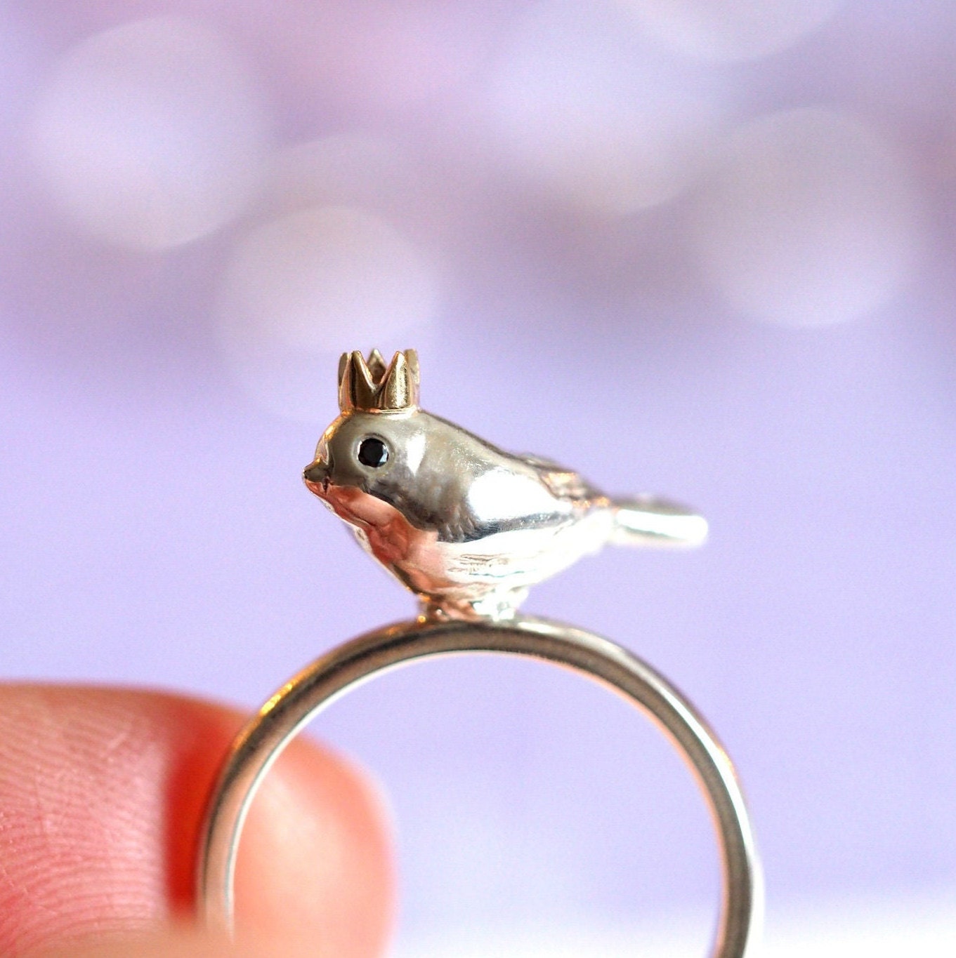 Bird King Ring / Eco Silver / Handmade Bird Ring in Recycled Silver / 9ct Yellow Gold Crown / Black Diamond Eyes / RockCakes