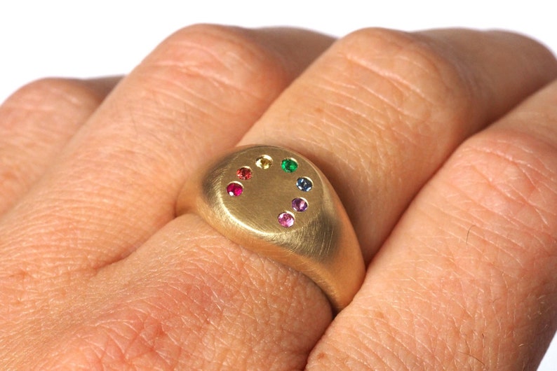 Rainbow Signet Ring in Gold, Sapphires, Emerald and Ruby image 6
