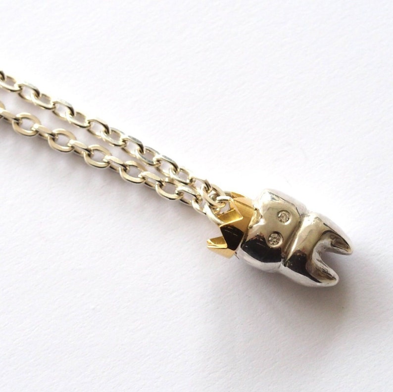 Tooth Necklace / Recycled Sterling Silver / Tooth Pendant / HipHop Necklace / Gold Tooth / Diamond Tooth / Crowned Tooth / RockCakes image 2