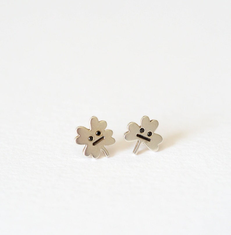 Clover Leaf Ear Studs / Lucky Clover / Recycled Sterling Silver / Black Diamond / Good Luck Gift / Everyday Earrings / Mismatch Studs image 2