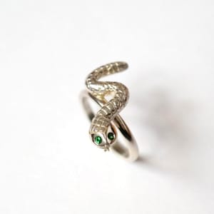 Snake Ring: Handmade Eco Sterling Silver with Tsavorite Garnet Eyes