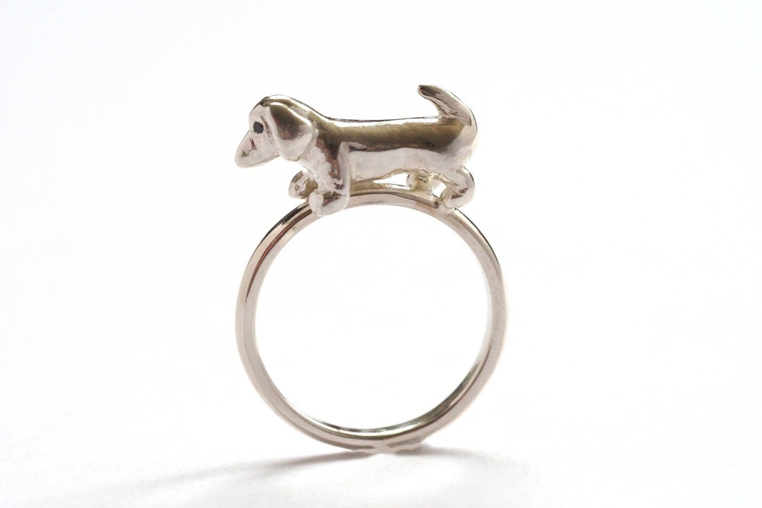 Sausage Dog Ring, Sterling Silver Dog Ring, Black Diamond Eyes