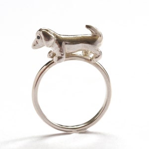 Sausage Dog Ring, Sterling Silver Dog Ring, Black Diamond Eyes, Dachshund Ring, Handmade in Brighton, UK