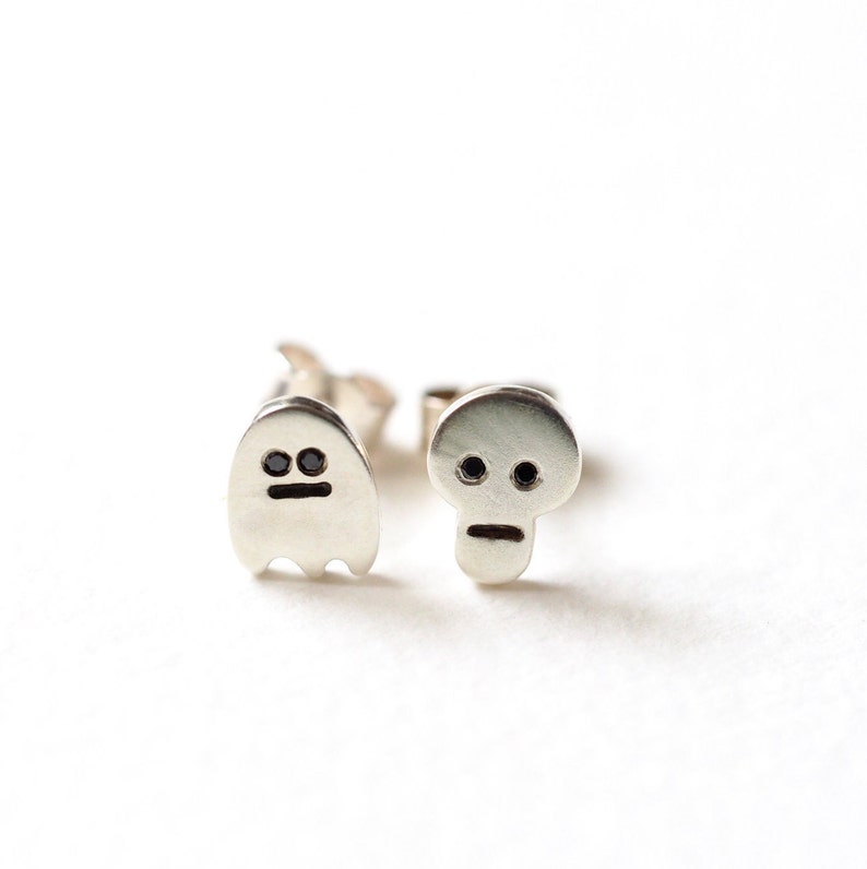 Ghost and Skull Earrings / Recycled Sterling Silver / Mismatch Earrings / Gift for Her / Silver Earrings / Handmade Earrings / Black Diamond 画像 2