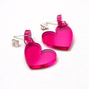 Pink Heart Earrings / Laser Cut Acrylic Earrings / Bright Pink Earrings / Statement Earrings