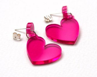 Pink Heart Earrings / Laser Cut Acrylic Earrings / Bright Pink Earrings / Statement Earrings